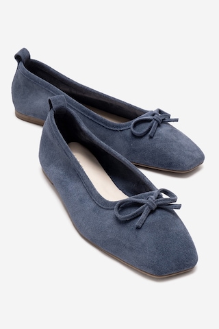 Luvishoes Sosa Kot Mavi Süet Hakiki Deri Küt Burunlu Fiyonklu Kadın Babet Ayakkabı Mavi