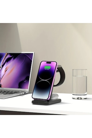 Elmpaly Black 3ü 1 Arada Hızlı Kablosuz Şarj İstasyonu İphone Uyumlu 16/15/14/13/12 İwatch 10/9/8 Airpods 1/2/3/pro