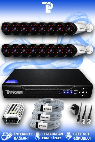 Picam 16 Kameralı Uzay 16 Dış Kamera Set HDD'siz Full HD Gece Görüşlü Güvenlik Kamerası Sistemi