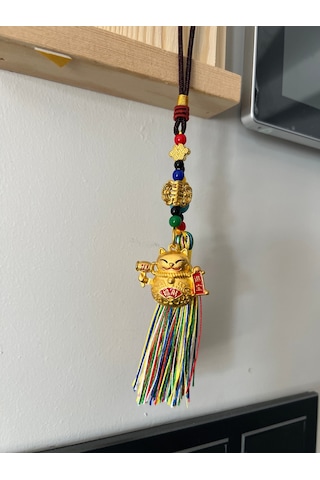 Feng Shui Bereket Ve Şans Kedisi Asılabilir Dekor /maneki Neko Gold Püsküllü Araba Aynası Süsü 1 Adet