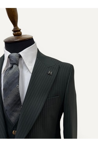 Hermose Sartorial Zümrüt Yeşili Çizgili Yelekli Takım Elbise Yeşil