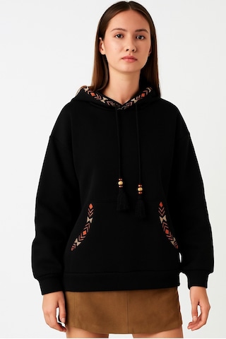 Bigdart Kadın Oversize Kapşonlu Şardonlu Nakışlı Üç İplik Siyah Kadın Sweatshirt SiYAH