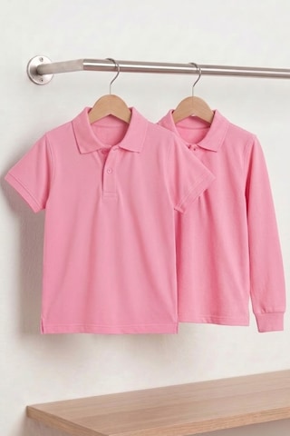 Nacar Store Unisex Çocuk Uzun Ve Kısa Kollu Polo Yaka Okul Tişörtü 2'li Set Pembe