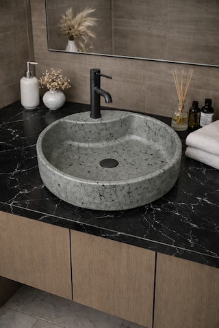 Mermer Desenli Tezgah Üstü Yuvarlak Çanak Taş Lavabo 45 Cm Musluk Delikli Gri