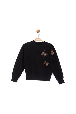 Kız Çocuk Leopar Fiyonk Detaylı Sweatshirt-16132 Siyah