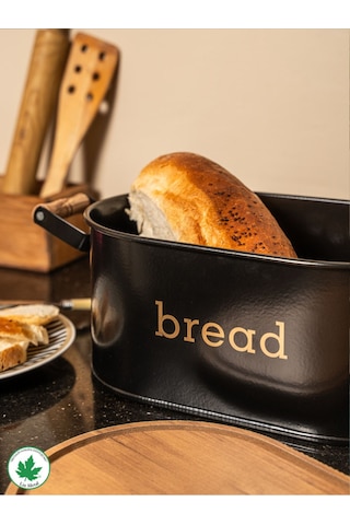 Ahşap Kapaklı Ahşap Kulplu Metal Ekmeklik Bread Baskılı - Siyah Siyah