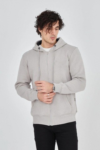 Erkek 3 İplik Pamuklu Fermuarlı Kapüşonlu Kanguru Cepli Hoodie Hırka Sweatshirt - Boyalı Gri Çok Renkli