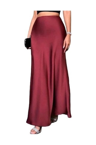 Kadın Balık Kuyruğu Etek Yüksek Bel Düz Renk Pürüzsüz Yüzey A Kesim Uzun Etek Şarap Kırmızısı
