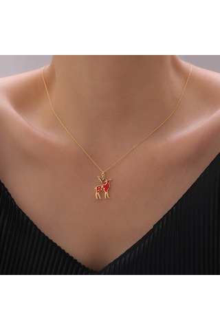 925 Ayar Gümüş Mineli Yılbaşı Geyik Figürü Kolye Gold