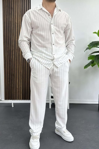 Alaçatı Stili Erkek Krep Kumaş Çizgili Gömlek Ve Pantolon Takım Beyaz