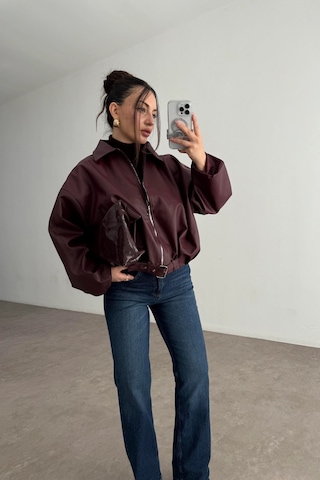 Pop Story Kadın Oversize Bomber Premium Deri Ceket Kemerli Bordo Bordo