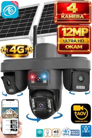 O-kam Ok335 12mp 4 Kameralı 4g Çift Solar Panel Aov Gece Görüş Sesli Konuşma Çakar Led