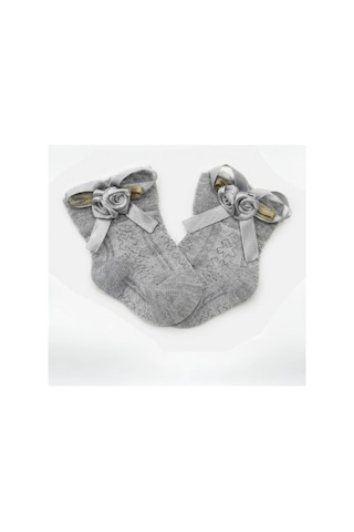 Cocole Socks Kız Çocuk Aksesuarlı Soket Çorabı Tekli Pamuklu Güllü Gri Desenli