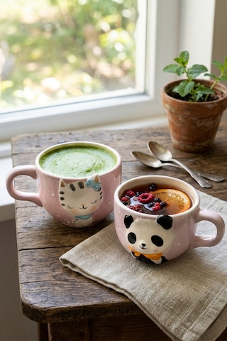 Minizoo Sevimli Kedi Ve Panda Figürlü 2 Adet Porselen Kupa Seti Renklı