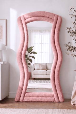 Lusso Pembe Renk Kumaş Kaplamalı Dalgalı Kavisli Ayaklı Boy Aynası 182x87 Cm