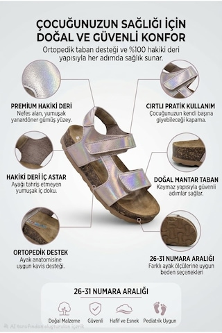 Rap Rap Ortopedik Hakiki Deri Mantar Taban Cırtlı Sandalet Rose Gold Bakır - Altın