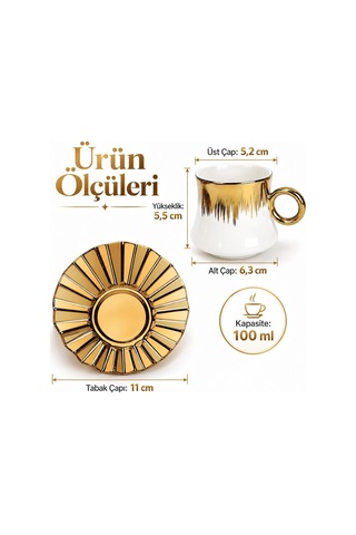 6 Kişilik 12 Parça Türk Kahvesi Fincan Seti 100 Ml Beyaz Gold Detaylı Porselen Çok Renkli