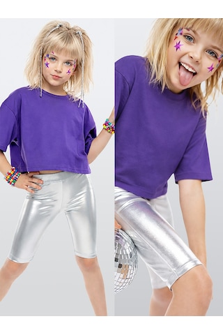 Denokids Kız Çocuk Tayt Gümüş Gri Parlak Metalik Disco Tayt Dizüstü Varak Kumaş Renkli