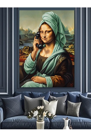 Ahşap Tablo Telefonla Konuşan Mona Lisa