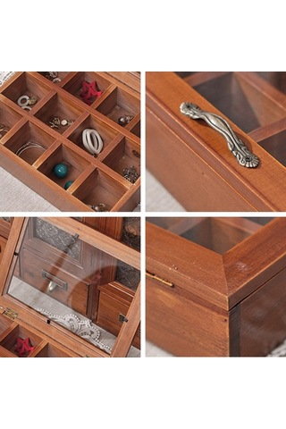 Pazly Ahşap Takı Organizatörü - 12 Bölme, Şeffaf Kapaklı, Kahverengi, Kolye, Küpe, Yüzük Saklama Kutusu Kahverengi