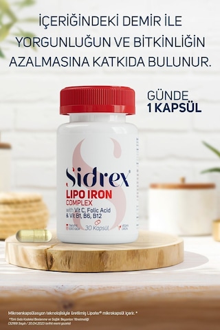 Sidrex Lipo Iron Complex Demir İçeren Takviye Edici Gıda 30 Kapsül
