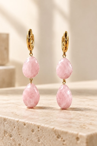 Gold Pembe İkili Damla Taşlı Sallantılı Küpe - Romantik Halka Takı Gold Pembe İkili Damla Taşlı Sallantılı Küpe - Romantik Halka Takı