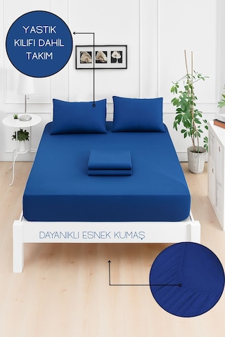 Mirava Premium %100 Pamuk Penye Lastikli Tek Kişilik Çarşaf Takımı 1 Yastık Kılıfı Dahil Lacivert 100x200cm Lacivert