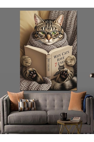 Ahşap Tablo Yatakta Kitap Okuyan Kedi