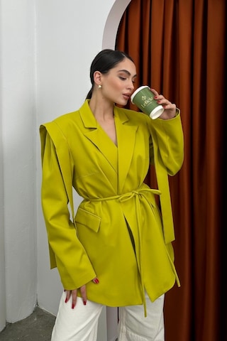 Msm Fashion Kadın Oversize Blazer Ceket Kuşaklı Omuz Detaylı Limon Yeşili Yeşil
