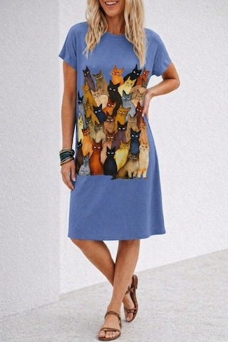 Alyn Wear Kısa Kollu Bisiklet Yakalı Kedı Desenli Midi Vıskon Elbise Mavi