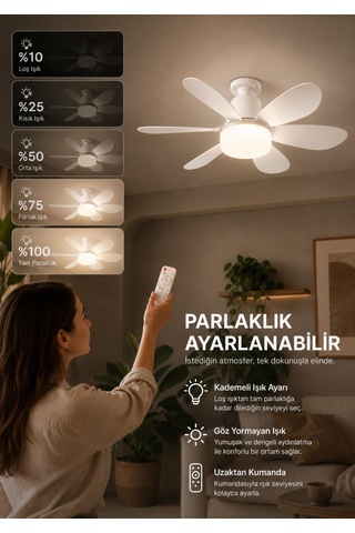 6 Kanat Uzaktan Kumandalı 3' Renk Ve Parlaklık Ayarlı Tavan Vantilatörü Beyaz