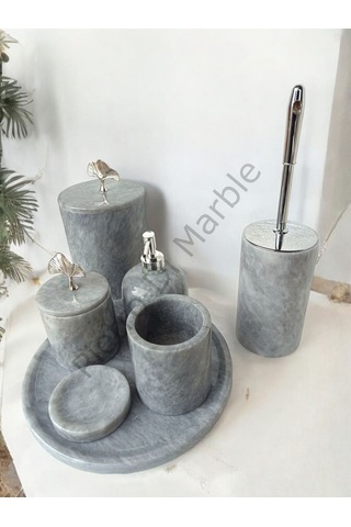 Gri Mermer Klasik Model 7 Parça Gümüş Renk Japon Gülü Aksesuarlı Banyo Seti Gri