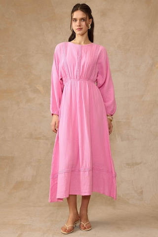 Olcay Şerit Detaylı Beli Lastikli Müslin Elbise Pembe 9453-e