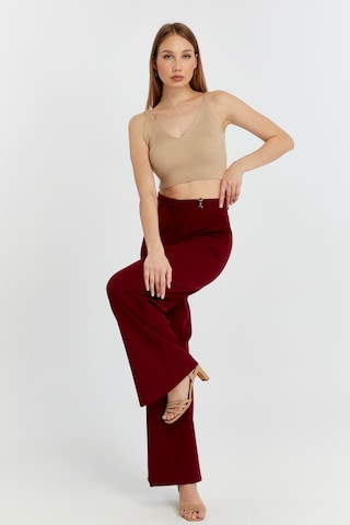 Bolivente Bordo Palazzo Geniş Paça Dokuma Kumaş Pantolon Bordo