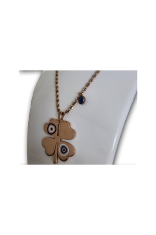 Uzel Çelik Mavi Boncuklu Büyük Yonca Kolye Sarı