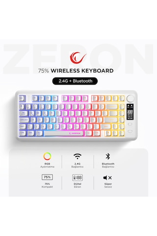 Rampage Rm-k87 Zeron Beyaz Kablosuz Rgb Oyuncu Klavyesi 2.4g + Bluetooth 75% Q Türkçe Gaming Klavye