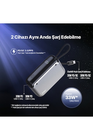 Ttec 2BB228UG Recharger LCD 10.000 mAh PD 30W USB-C Dahili Kablolu Taşınabilir Hızlı Şarj Aleti/Powerbank