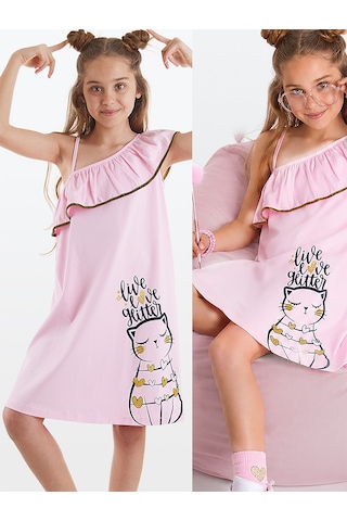 Denokids Kedi Kız Çocuk Yazlık Fırfırlı Penye Pembe Kız Elbise
