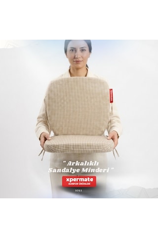 Pötikare Sırtlıklı Sandalye Minderi 42x42 Fermuarlı Yıkanabilir Kılıf Bağcıklı Minder Standart Fit Bej