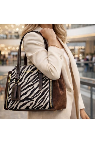 Dukidaso Kahverengi Zebra Desenli Kadın Omuz Çantası Kahverengi T8347 Kahve
