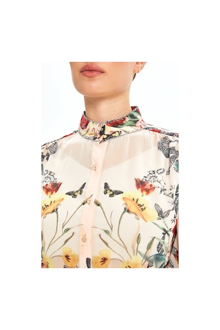 Yüksek Yaka Düğmeli Volan Kol Gömlek Çiçek Desenli, Şifon Dokulu, Günlük Ve Zarif Kullanıma Uygun Somon