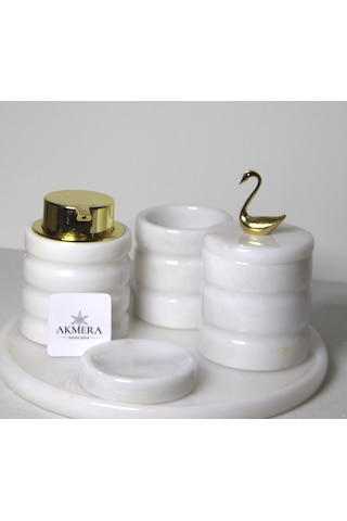 5 Parça Lüks Gold Detaylı %100 Mermer Banyo Seti Beyaz