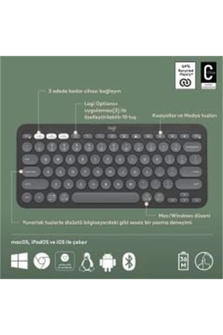 Logıtech K380s Pebble Keys 2 Çoklu Cihaz Özellikli Bluetooth Türkçe Q Klavye Gri 920-011859