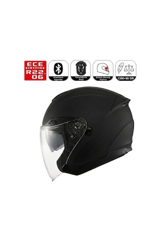 Of669 Mat Black Motosiklet Kaskı Güneş Vizörlü Yarım Açık Motorcu Kask Siyah