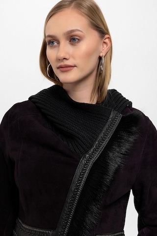 Mürdüm Seline Triko Kapüonlu Hakiki Deri Kürk Kaban-mürdüm Mürdüm