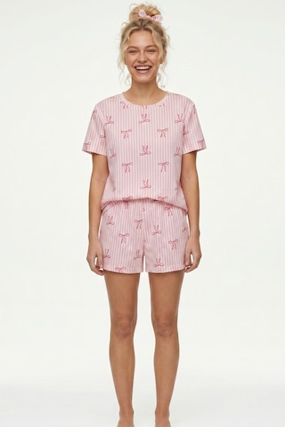 Siyah İnci İnce Soft Örme Mevsimlik Şortlu Pijama Takımı 8045 Pembe Fiyonk
