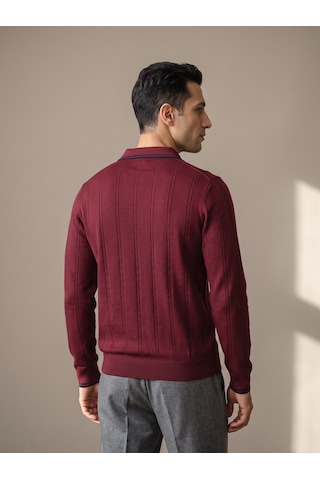 Maccali Erkek Bordo Çizgili Fermuarlı Polo Yaka Triko Kazak