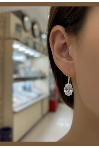 Gümüş Oval 12x8 Mm 4,5 Carat Sallantılı Altın Kaplama Tektaş Küpe Sarı