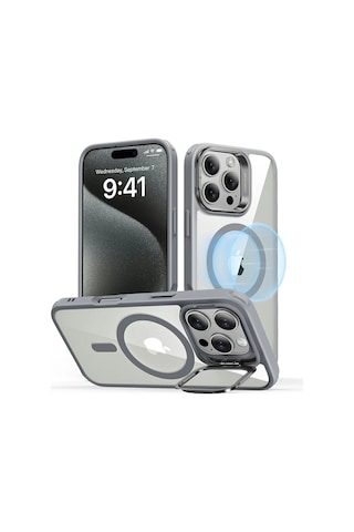 Apple Uyumlu iPhone Esr 16 Pro Max Kılıf Halolock Magsafe Classic Hybrid Standlı Silikon Şeffaf Gri