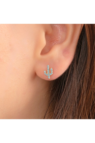 Altın Küpe - 14 Ayar Altın Minimal Kaktüs Modelli Firuze Turkuaz Taşlı Küpe Sarı